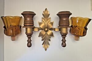 Vintage Homco Double Wall Sconce - Wood, Brass Finish & Amber Glass Sconces